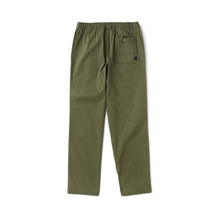 Olive green washed military pants with elastic waistband and back pocket, displayed flat lay from rear view