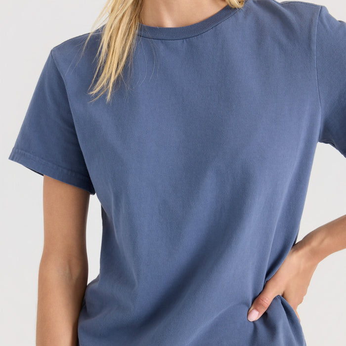 Made To Fade Premium Tee in Neptune blue worn by model, showing crew neckline and short sleeves on white background