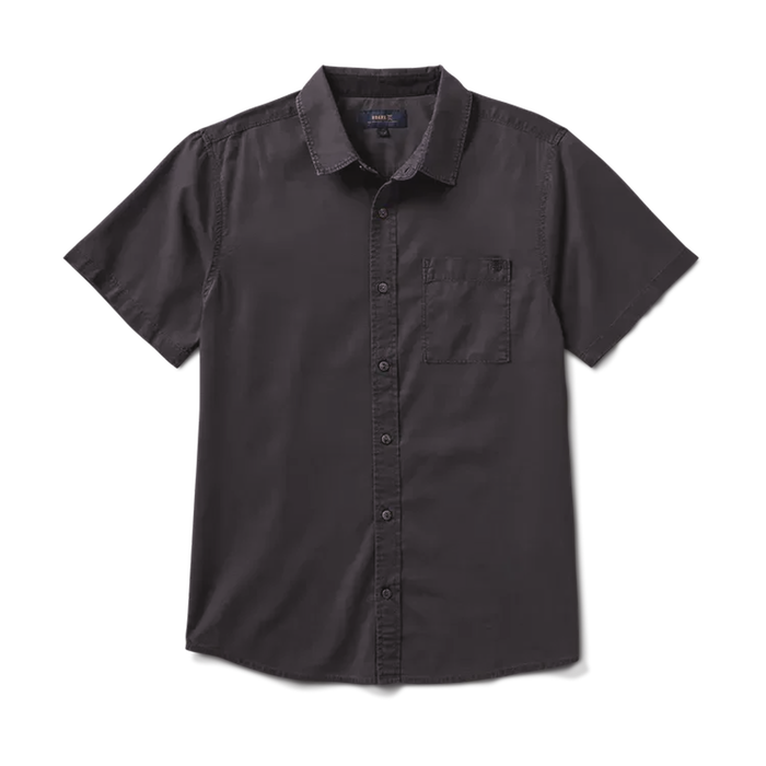 Front view of a black short-sleeve button-up shirt, perfect for casual or formal settings. Crafted with soft, high-quality fabric.