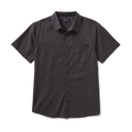 Front view of a black short-sleeve button-up shirt, perfect for casual or formal settings. Crafted with soft, high-quality fabric.