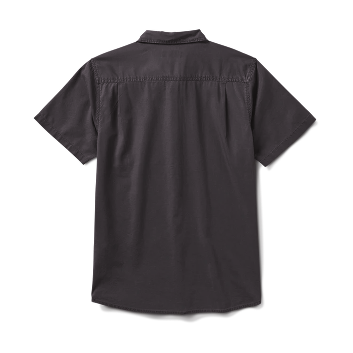 Back view of a black short-sleeve button-up shirt, showcasing its clean, minimalistic design and durable craftsmanship.