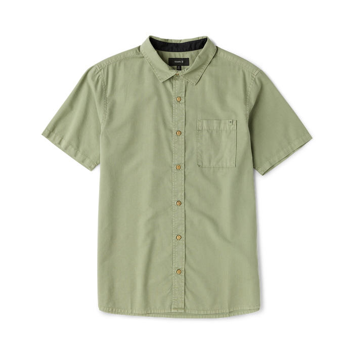 Washed dusty sage short sleeve button up shirt with chest pocket and wooden buttons, displayed flat lay on white background