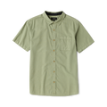 Washed dusty sage short sleeve button up shirt with chest pocket and wooden buttons, displayed flat lay on white background