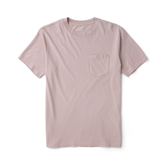 Detail of a pink active shirt featuring robust fabric with visible pocket designed for outdoor adventure and travel by Roark.