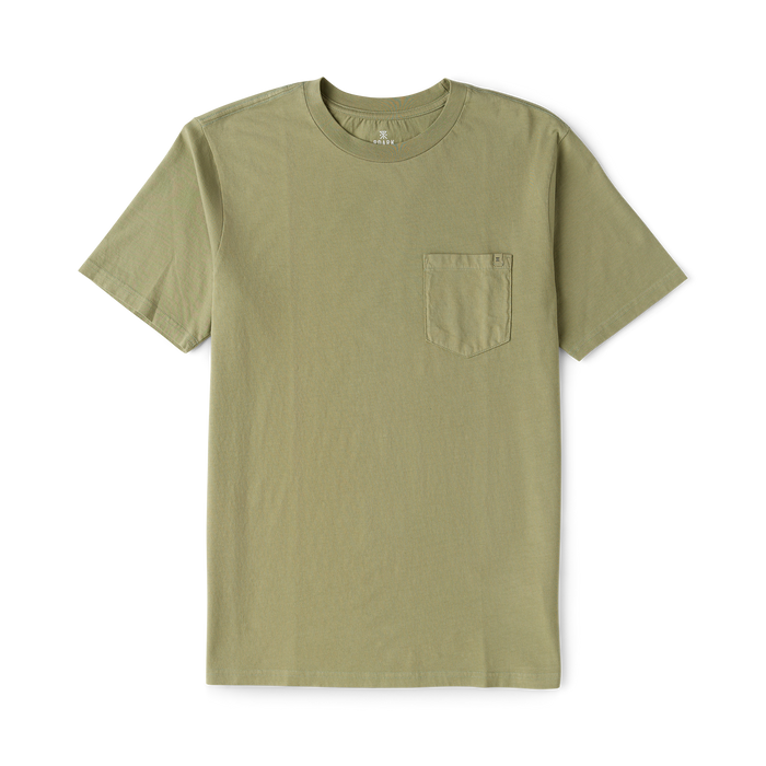 Sage green short sleeve tee with chest pocket displayed flat against white background
