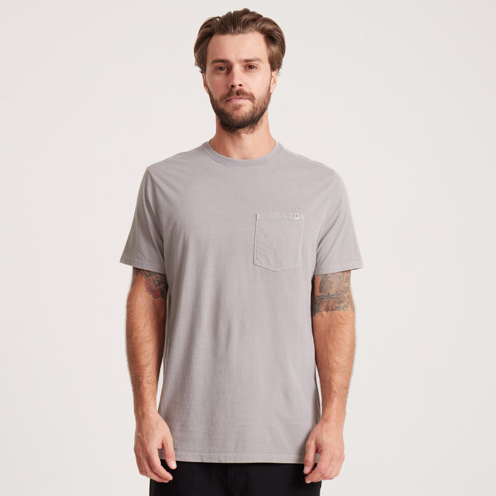 on-model Men's Washed Grey Pocket Tee - front view showcasing minimalistic style and comfort, perfect for casual outfits.