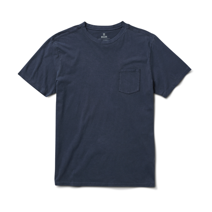 A model wearing the Roark Made To Fade Short Sleeve Tee in Washed Navy, showcasing the comfortable and stylish design. Shop the official Roark store now.
