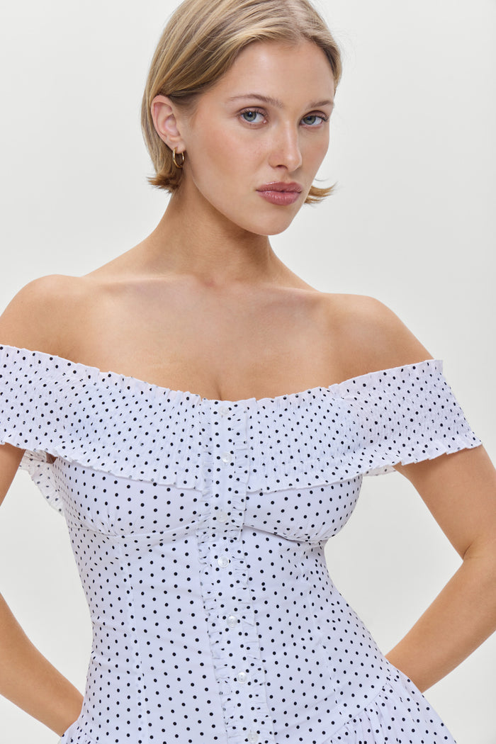 Mae Off Shoulder Mini Dress White Polka Dot
