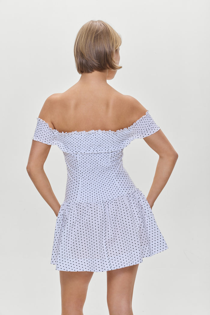 Mae Off Shoulder Mini Dress White Polka Dot