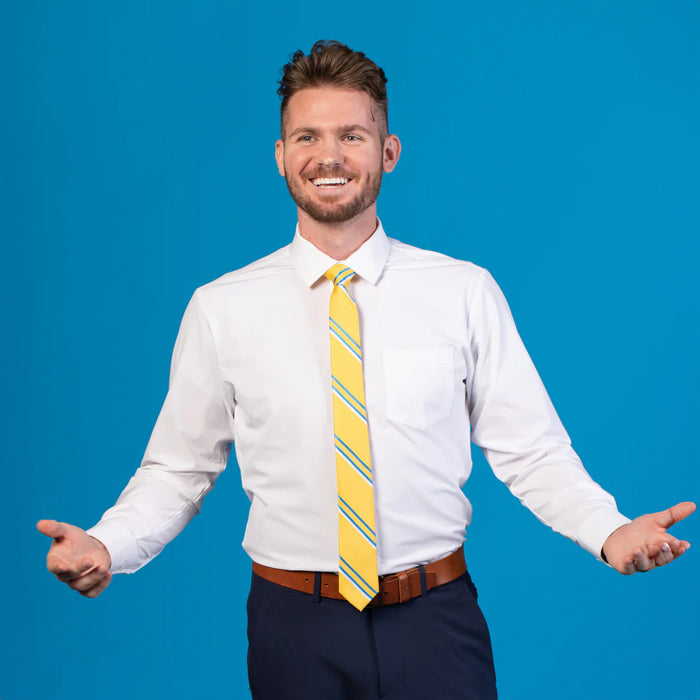 Yellow tie with blue and white stripes on a white shirt