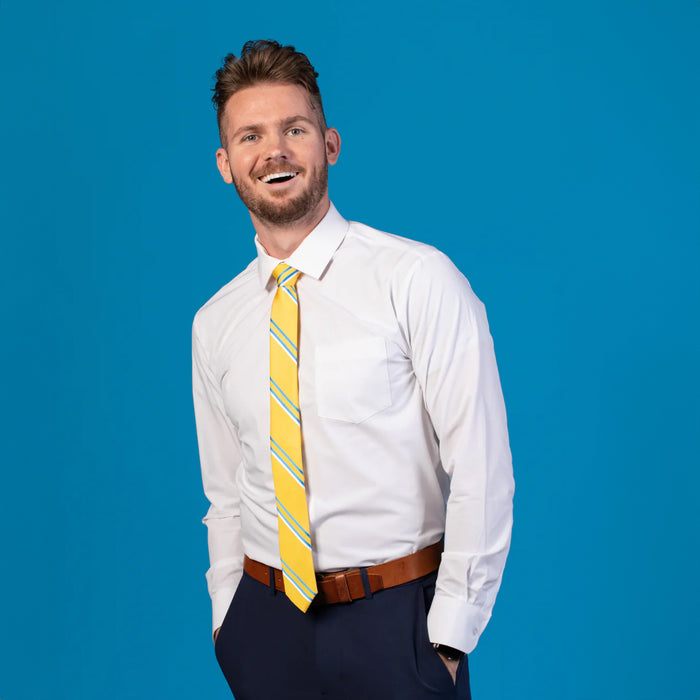 Yellow tie with blue and white stripes on a white shirt