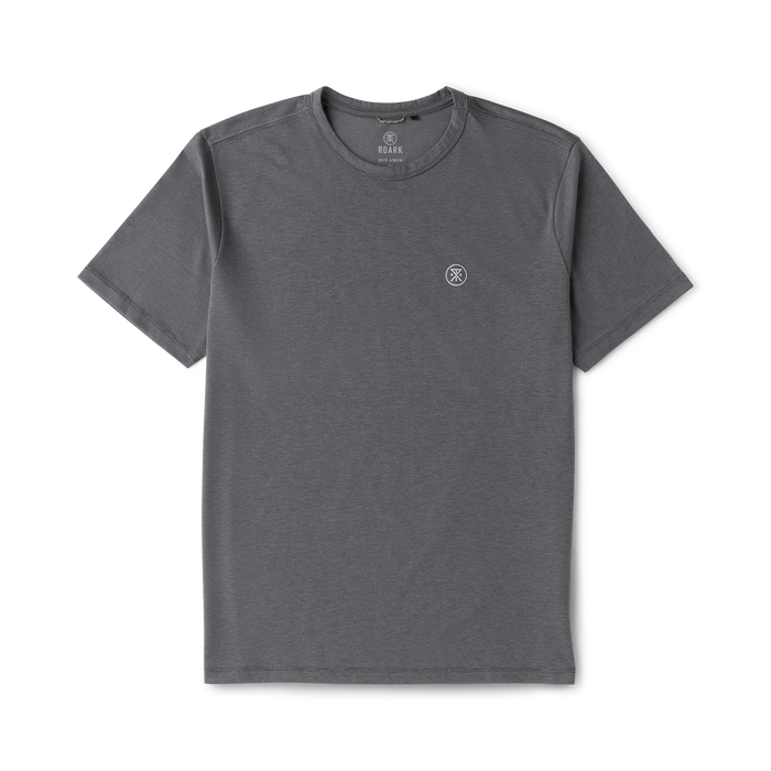 Charcoal gray short sleeve t-shirt with small white embroidered logo on chest, displayed flat against white background