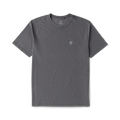 Charcoal gray short sleeve t-shirt with small white embroidered logo on chest, displayed flat against white background