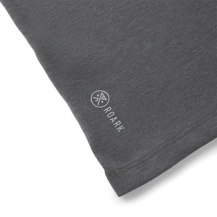 Charcoal Mathis Active Core Short Sleeve Tee flat lay showing embroidered Roark logo and circular brand mark on chest