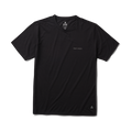 Close-up of a black Roark active t-shirt emphasizing durable textile and sleek design ideal for adventure and travel