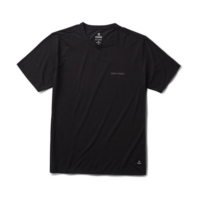 Close-up of a black Roark active t-shirt emphasizing durable textile and sleek design ideal for adventure and travel