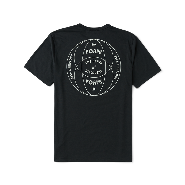 Active black Roark shirt featuring a prominent white logo and adventure-inspired symbol, ideal for outdoor activities.