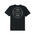 Active black Roark shirt featuring a prominent white logo and adventure-inspired symbol, ideal for outdoor activities.