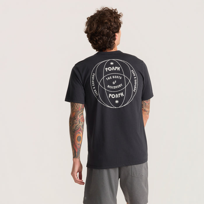 Close-up of a durable black sleeve of an active shirt designed for adventure and outdoor activities by Roark.