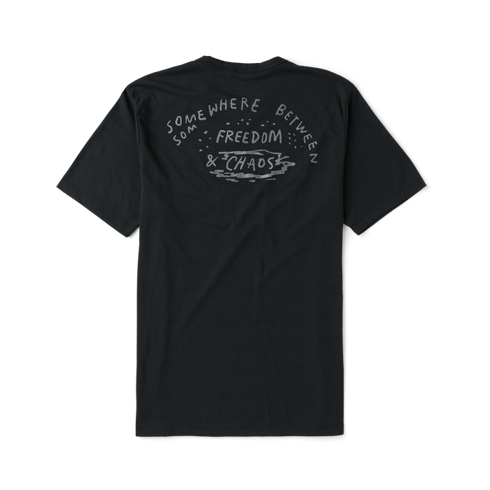 Close-up of a black Roark active t-shirt focusing on sleeve detail, designed for adventure and travel
