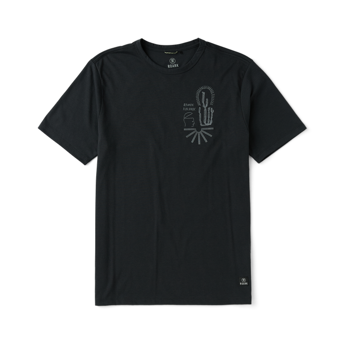 Close-up view of a black active shirt by Roark, featuring intricate sleeve designs, ideal for adventure and travel.