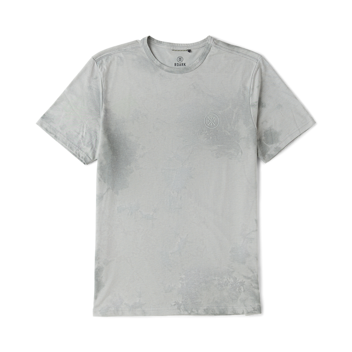 Light grey short sleeve t-shirt with small circular logo embroidered on chest, flat lay display against white background
