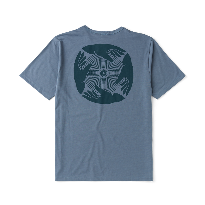 Close-up view of a grey Roark active t-shirt with visible textile texture, perfect for adventure and travel.