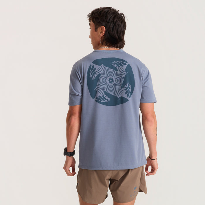 Grey active shirt with a subtle fish design on the sleeve, perfect for outdoor adventures and travel.