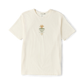 Cream unbleached cotton t-shirt with small centered graphic featuring a golden flower above a bowl shape and text design in flat lay view