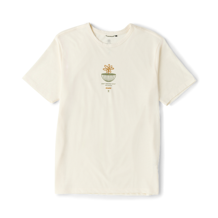 Cream unbleached cotton t-shirt with small centered graphic featuring a golden flower above a bowl shape and text design in flat lay view