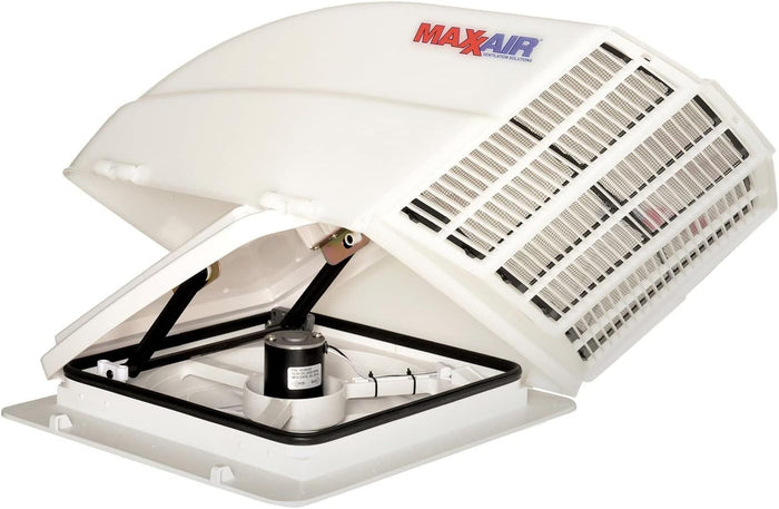 White MaxxAir Fanmate RV Vent Cover - Open Position with Fan Motor | United RV Parts