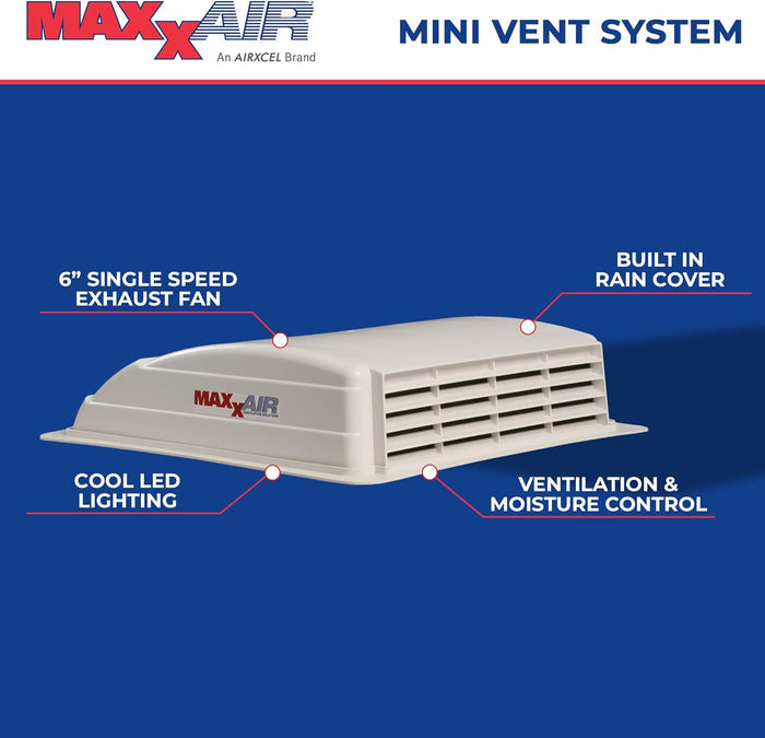 MaxxAir Mini Vent System Features Diagram - Product Specifications | United RV Parts