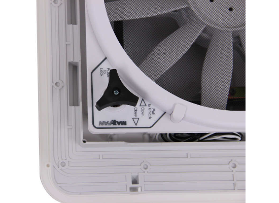 White MaxxAir Fan Manual Lift Arm - Close-up Detail | United RV Parts