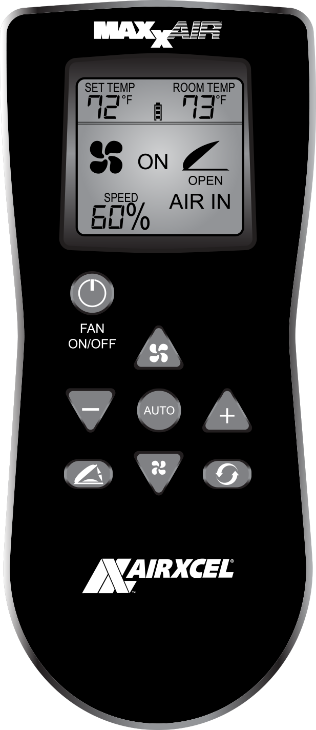 Black MaxxAir AirXcel Remote Control 00-05301K - Front View | United RV Parts