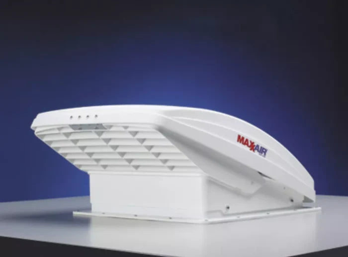 White MaxxAir RV Roof Vent with Open Rain Shield - Side Detail | United RV Parts