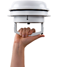 White MaxxAir Maxxfan Dome 12V RV Roof Vent - Size Comparison Hand | United RV Parts