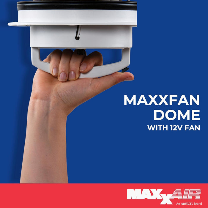 MaxxAir Maxxfan Dome 12V Powered RV Roof Vent - Hand Size Reference | United RV Parts