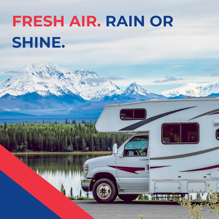 White RV with MaxxAir Roof Vent - Mountain Landscape Fresh Air Lifestyle | United RV Parts