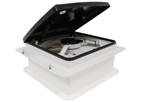 Black MaxxFan Mini - Open Position Showing 4-Speed Exhaust Fan Motor | United RV Parts