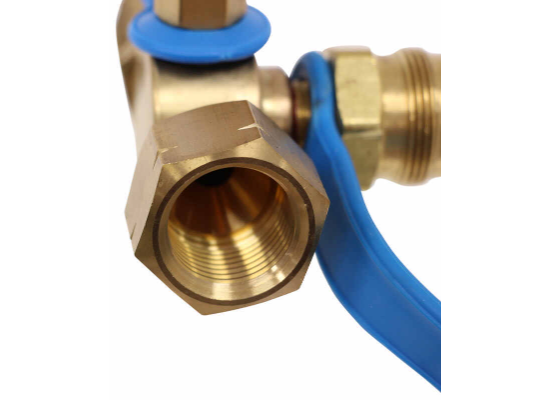 Brass Propane T-Fitting with Blue Accents - Angle View | United RV Parts