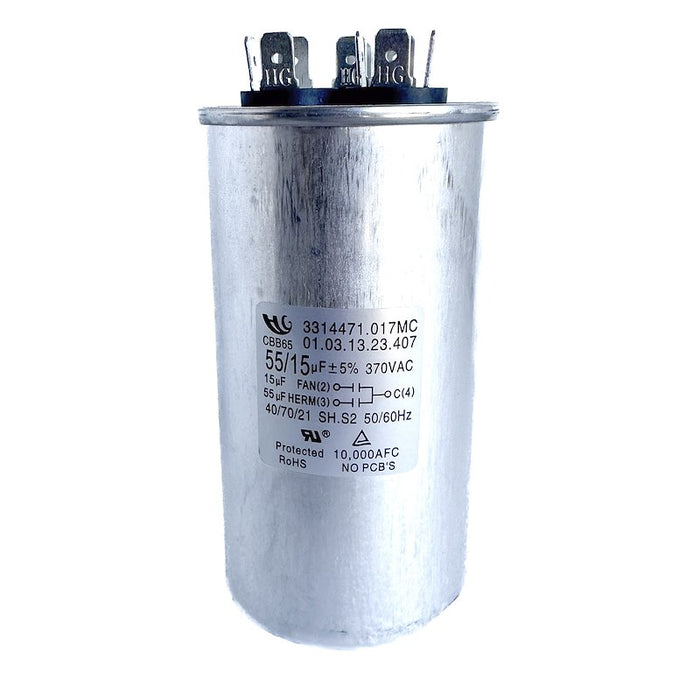 Silver MC Enterprises 55/15 Microfarad RV Air Conditioner Run Capacitor 3314471.017MC - Front View | United RV Parts