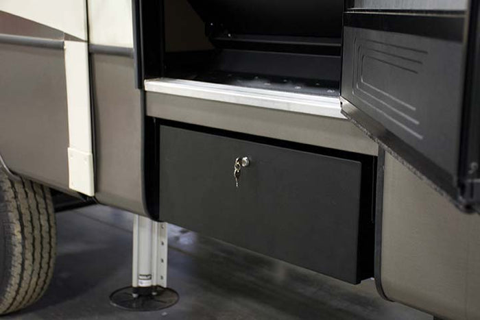 Black Steel MORryde Step Storage Box - Installed Under RV Steps | United RV Parts