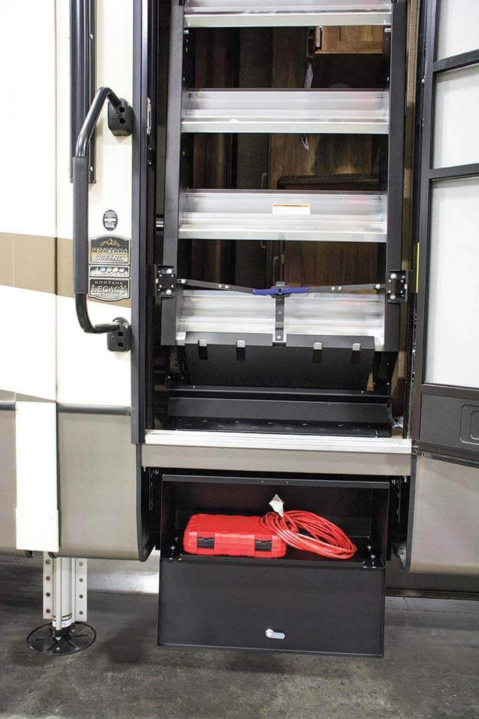 Black Steel RV Step Storage Box - Open Full View with Contents | United RV Parts