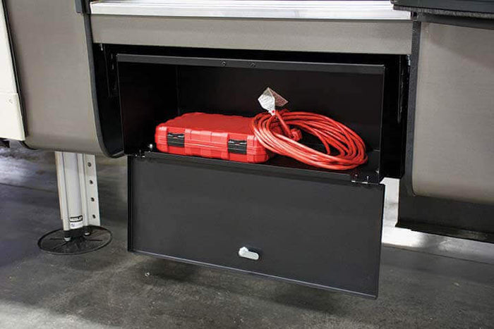 Black Steel MORryde Storage Box - Open Detail View with Extension Cord | United RV Parts