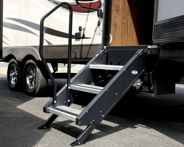 Black MORryde RV Hand Rail with 3 Steps - Installed on RV Entry | United RV Parts