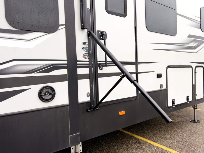 Black MORryde Safe-T-Rail Installed on RV Steps - Lifestyle View | United RV Parts