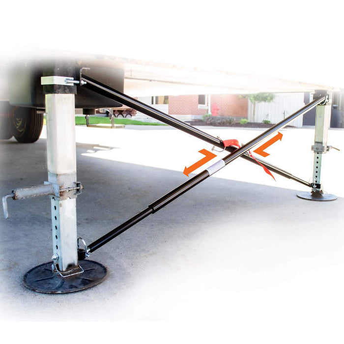 Black Steel MORryde X-Brace Trailer Landing Gear Stabilizer SP54-180 - Side View | United RV Parts