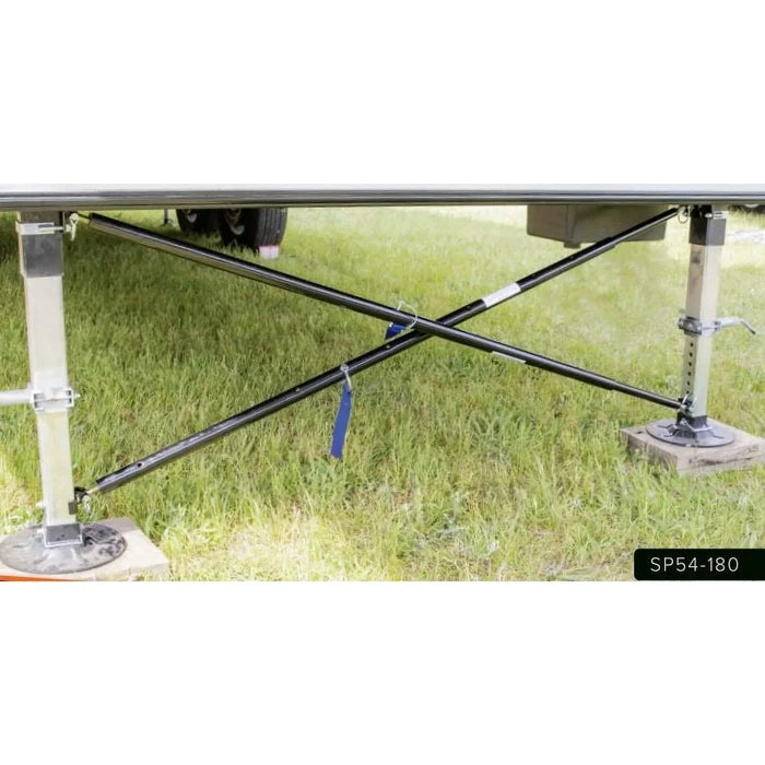 Black Steel X-Brace Landing Gear Stabilizer SP54-180 Installed Under RV Trailer | United RV Parts
