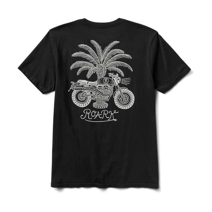Roark black graphic t-shirt featuring a front palm tree and logo detail with a back design of a motorcycle under palm trees, perfect for travel and adventure enthusiasts.
