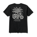 Roark black graphic t-shirt featuring a front palm tree and logo detail with a back design of a motorcycle under palm trees, perfect for travel and adventure enthusiasts.